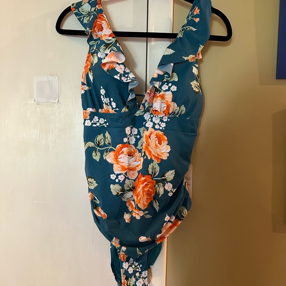 Cupshe Teal Floral Ruffled V-Neck Lace-Up One Piece Swimsuit